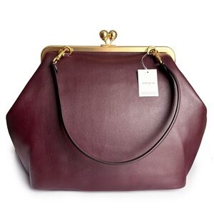 Coach Large Kisslock Frame Bag Black Currant Leather NWT Cashin Carry Reissue